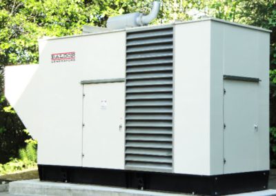 White Baldor 450KW Outdoor Power Generator with Green Maple Leaves in the Background
